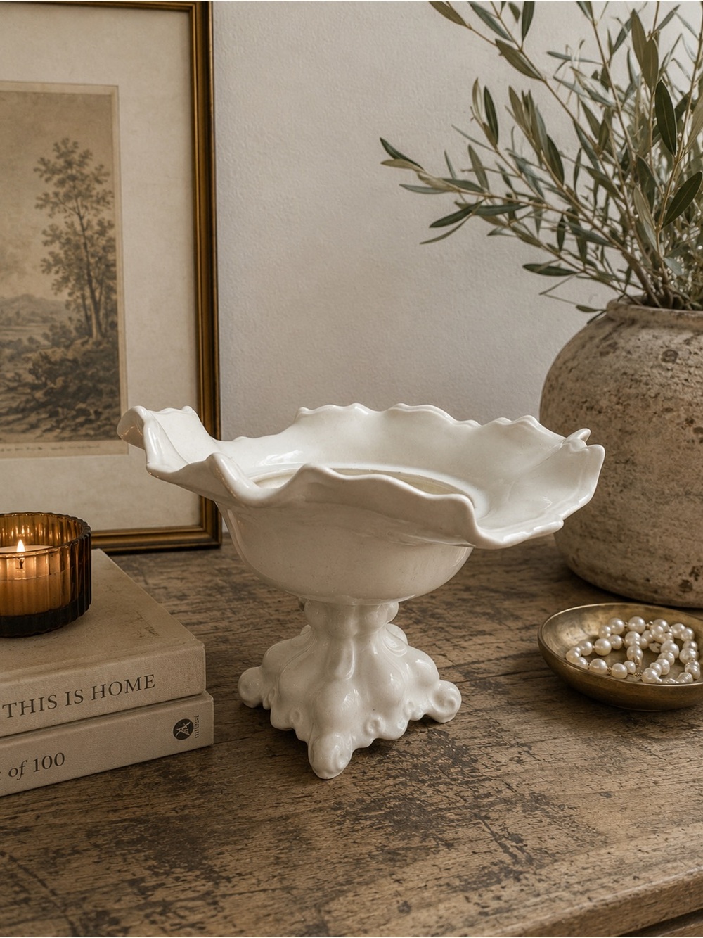 Vintage Holland Mold White Pedestal Compote Bowl | Ruffled Edge Centerpiece
